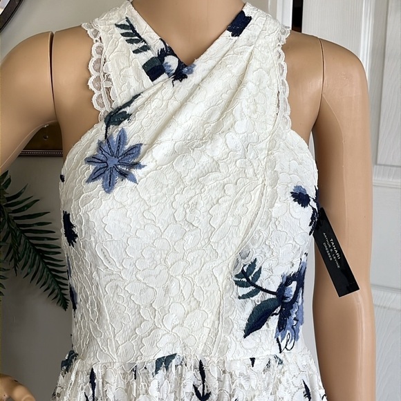 Brand New Tahari Cream Lace Dress w/ Embroidered Flowers Cris Cross Floral - Picture 3 of 16